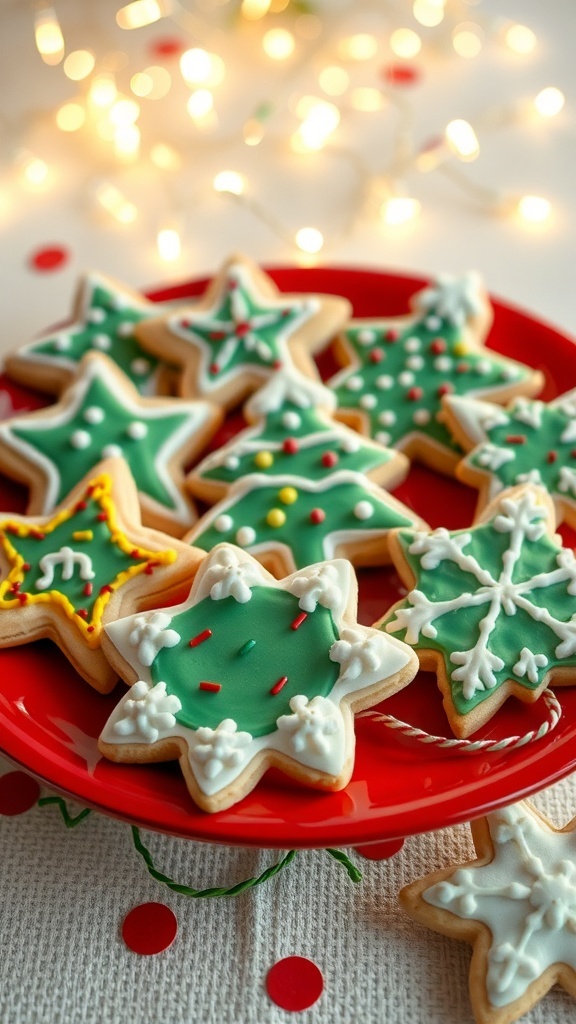 Decorated Christmas sugar cookies in festive shapes on a holiday plate.